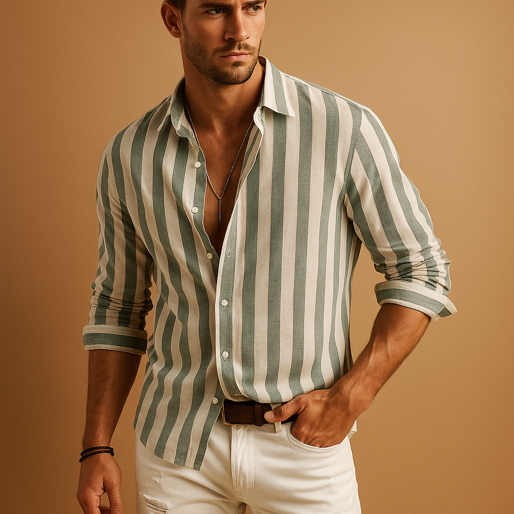 Men’s striped long sleeve shirt with tailored fit in blue and white, perfect for office wear, formal occasions, and everyday style.