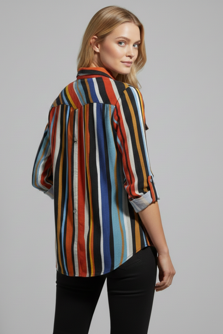 Women’s striped shirt with collar neckline, button-front closure, long sleeves, and hip-length fit, suitable for office and everyday wear.