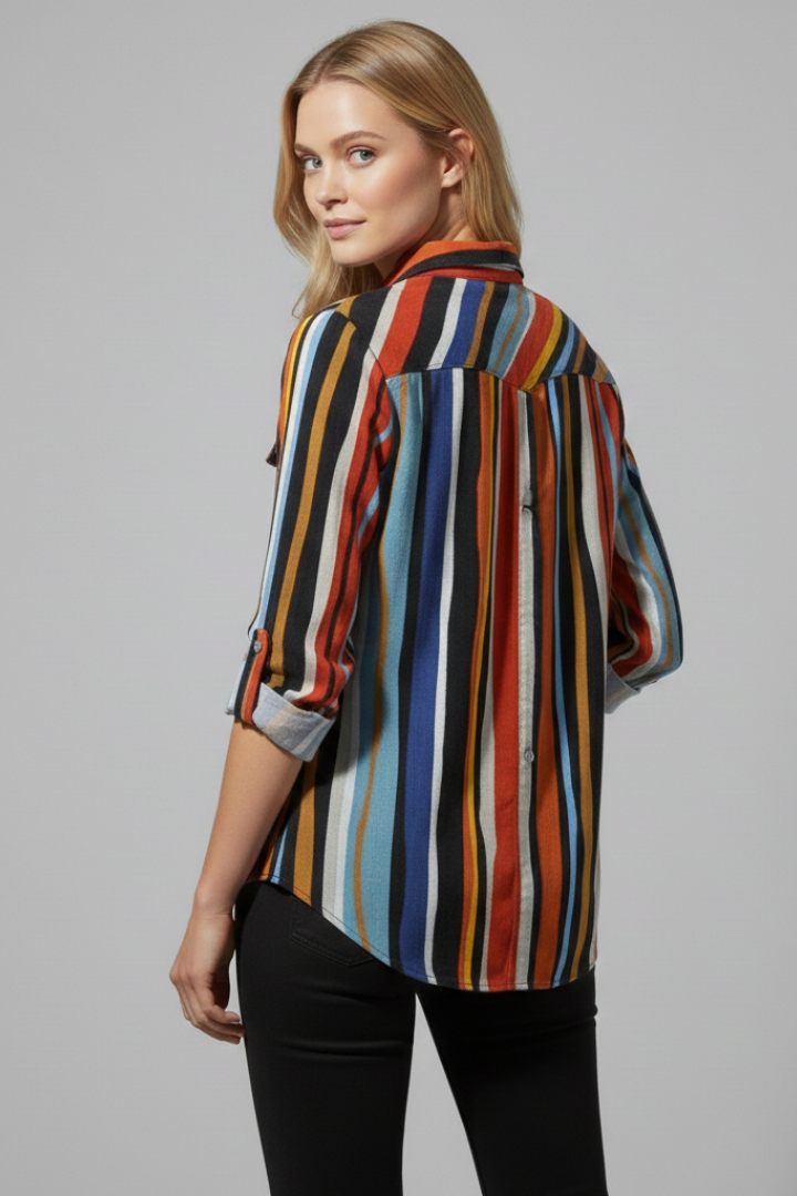 Women’s striped shirt with collar neckline, button-front closure, long sleeves, and hip-length fit, suitable for office and everyday wear.