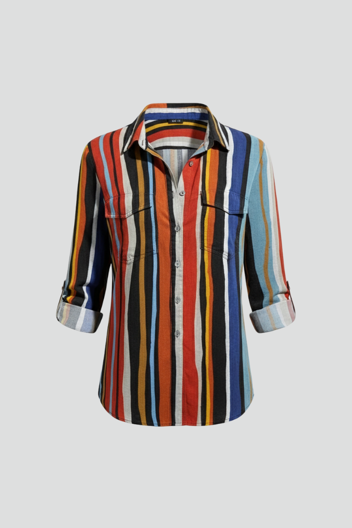 Women’s striped shirt with collar neckline, button-front closure, long sleeves, and hip-length fit, suitable for office and everyday wear.