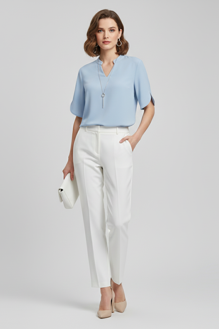 Women’s V-neck blouse with short sleeves, loose fit, and straight hem, suitable for everyday wear and office outfits.