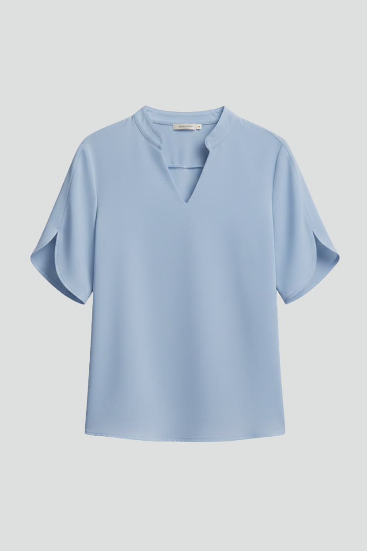 Women’s V-neck blouse with short sleeves, loose fit, and straight hem, suitable for everyday wear and office outfits.