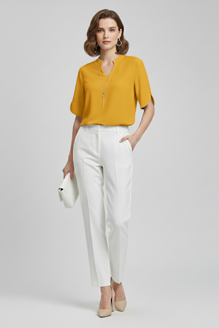 Women’s V-neck blouse with short sleeves, loose fit, and straight hem, suitable for everyday wear and office outfits.