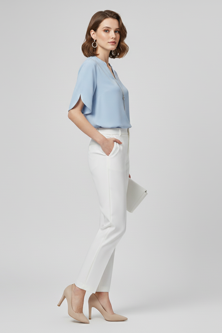 Women’s V-neck blouse with short sleeves, loose fit, and straight hem, suitable for everyday wear and office outfits.
