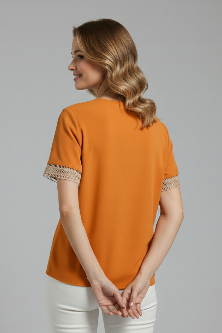 Women’s V-neck blouse with lace trim detail, short sleeves, and loose fit, suitable for everyday wear and office outfits.