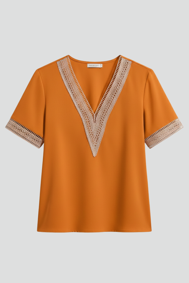 Women’s V-neck blouse with lace trim detail, short sleeves, and loose fit, suitable for everyday wear and office outfits.