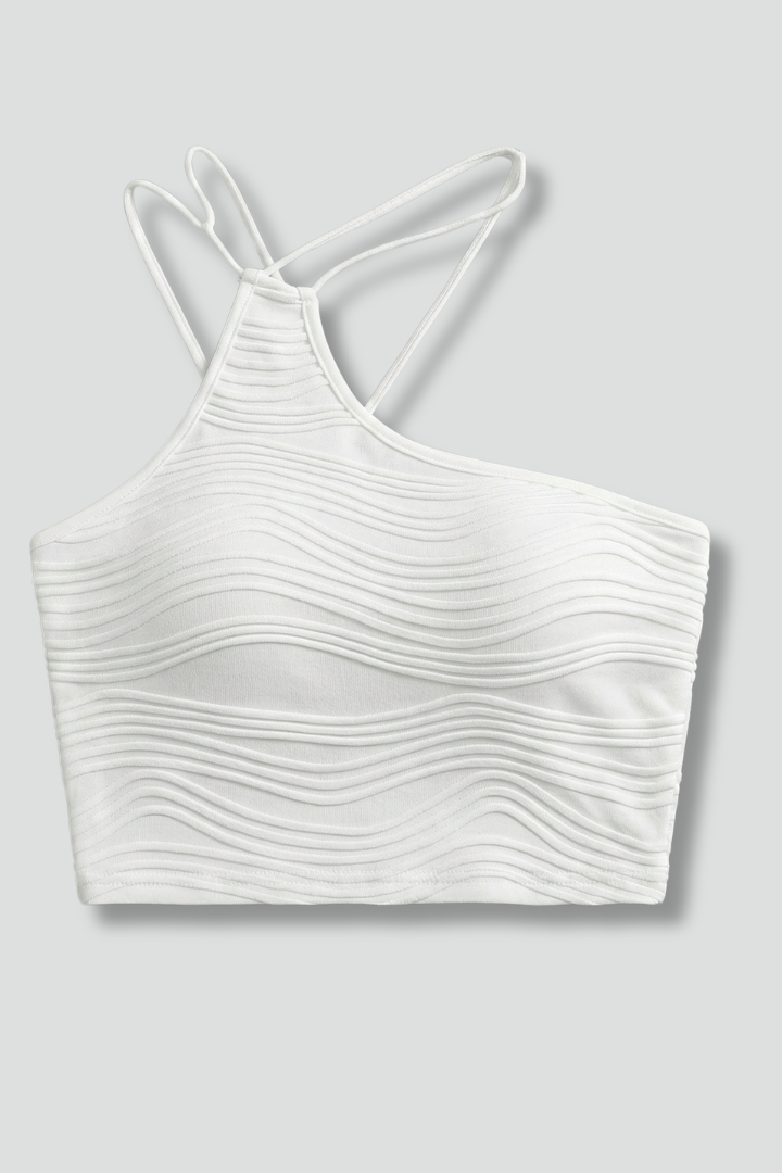 Women’s crop top with asymmetrical neckline and double strap detail, designed for casual wear and summer outfits