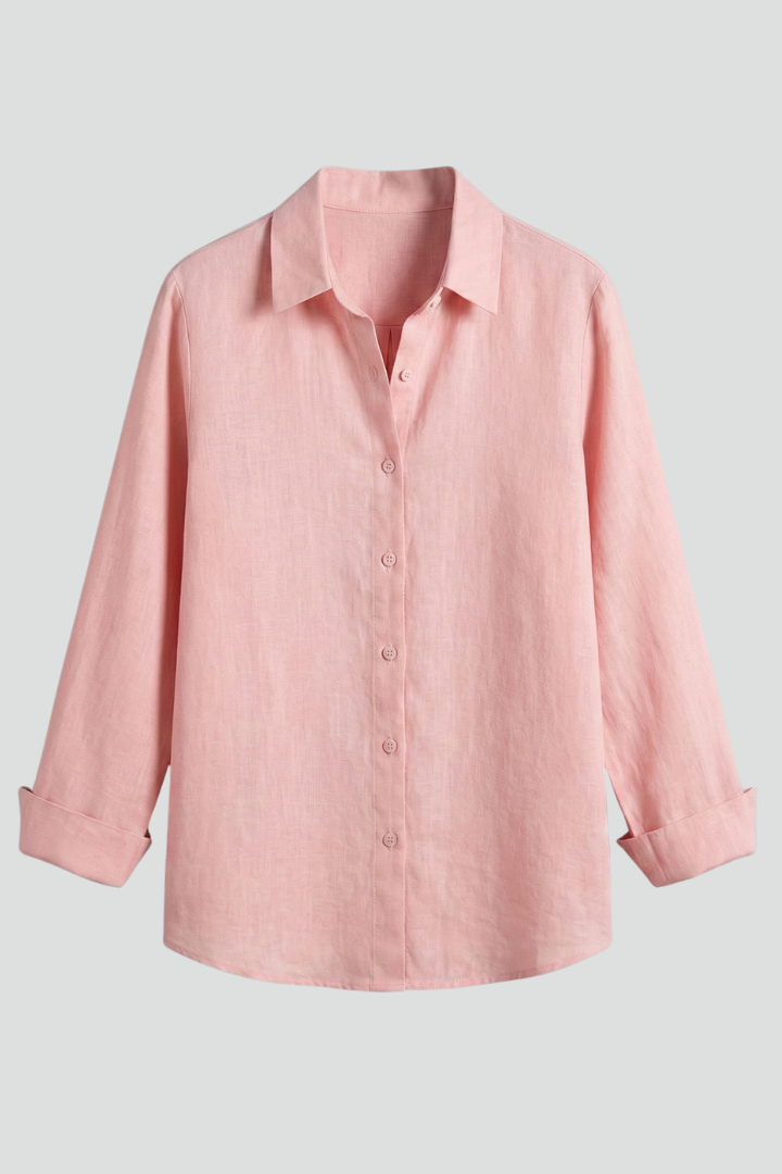Women’s collared blouse with button fastening and roll-up sleeves, featuring a curved hem for everyday and work styling.