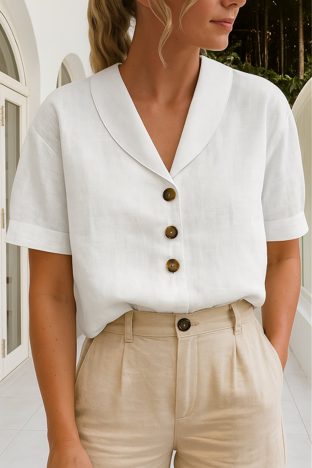 Women’s blouse with V-neckline, button-front closure, short sleeves, and relaxed fit, suitable for office wear and everyday styling.