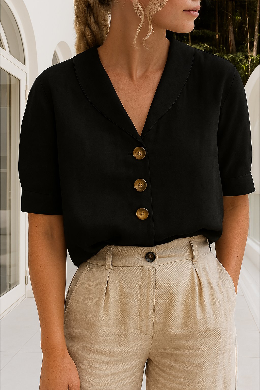 Women’s blouse with V-neckline, button-front closure, short sleeves, and relaxed fit, suitable for office wear and everyday styling.