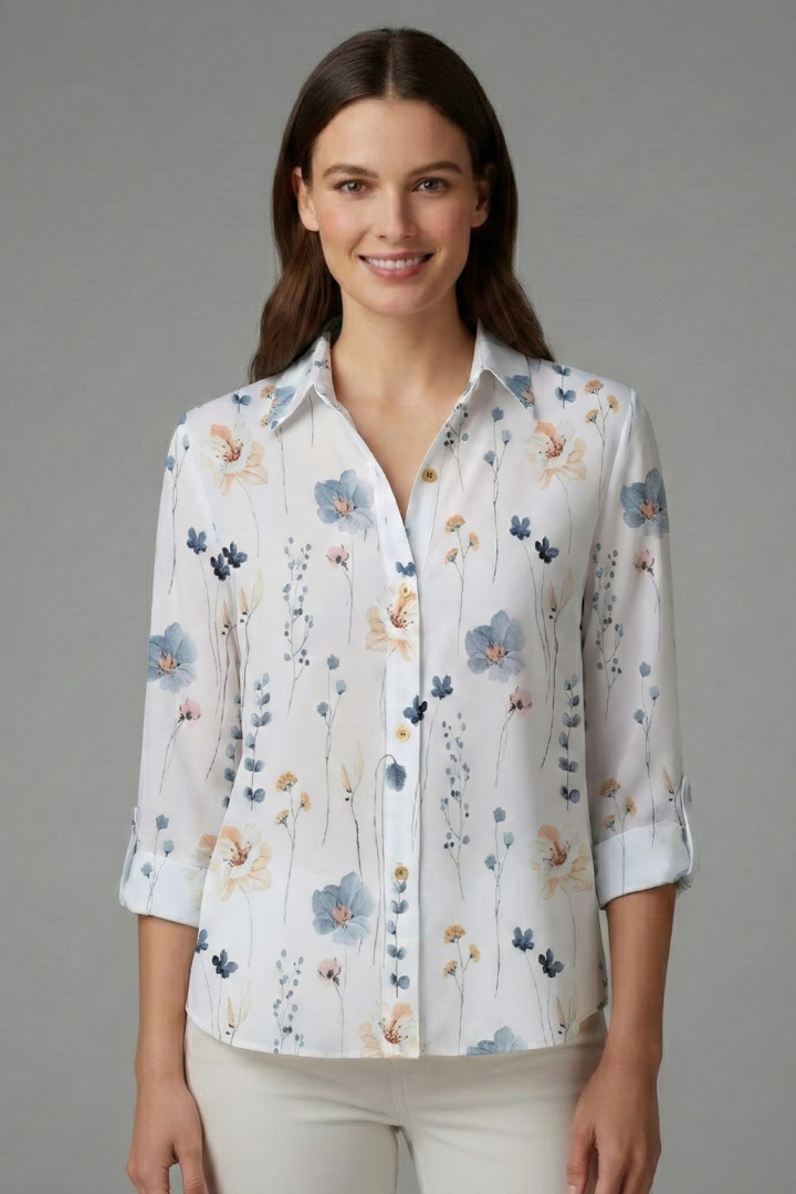 Women’s blouse with V-neck and floral print, featuring long sleeves and button fastening, suitable for everyday and work wear.