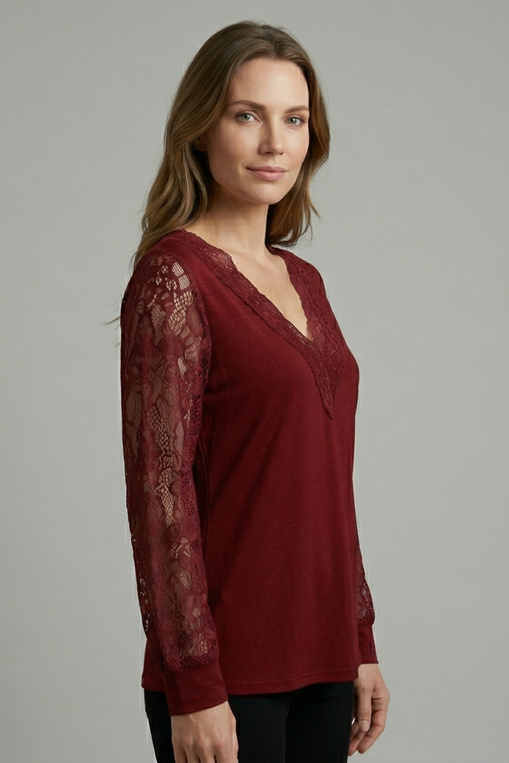 Women’s blouse with textured lace sleeves, structured V-neckline, straight hem, and smooth woven surface for elegant everyday styling.