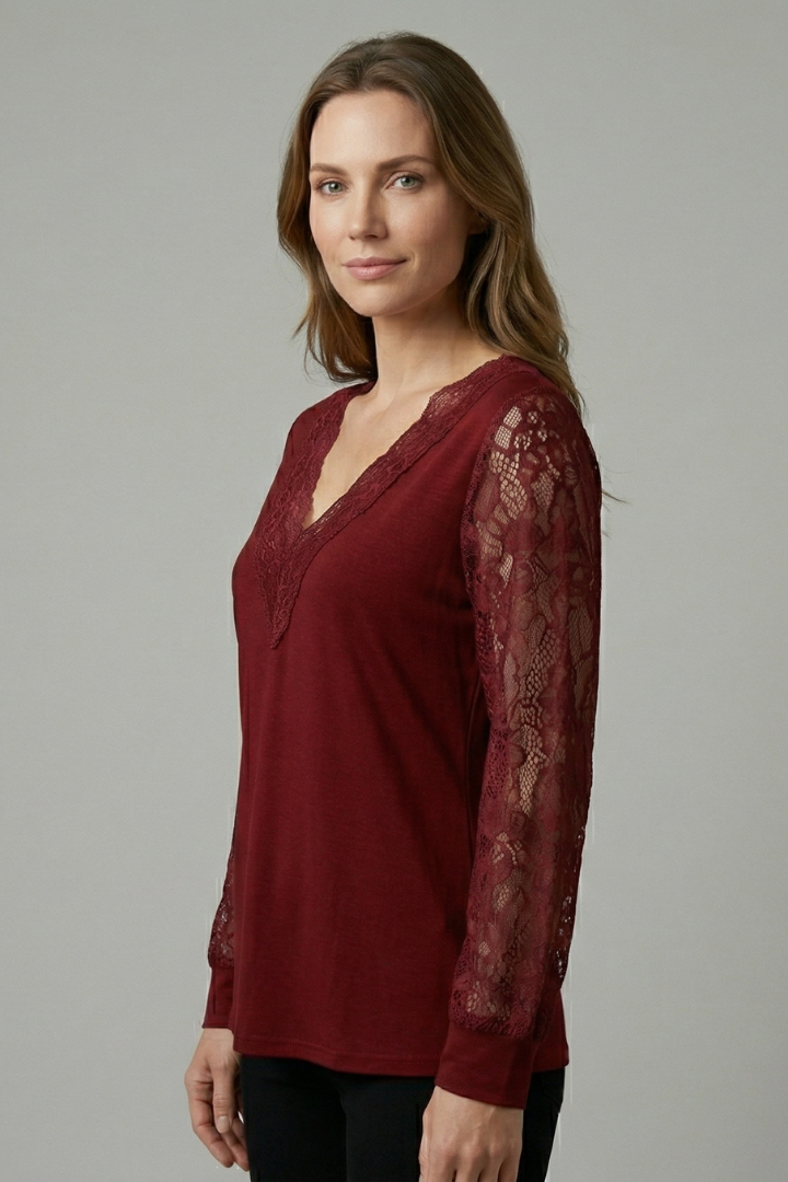 Women’s blouse with textured lace sleeves, structured V-neckline, straight hem, and smooth woven surface for elegant everyday styling.