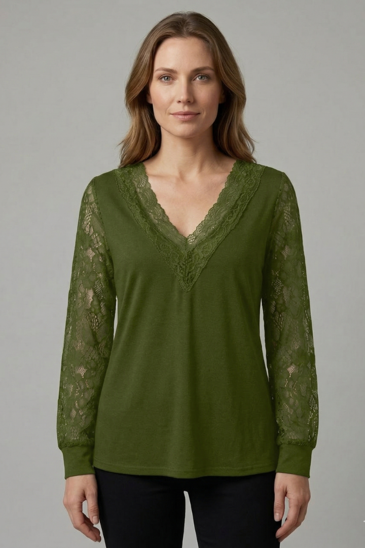 Women’s blouse with textured lace sleeves, structured V-neckline, straight hem, and smooth woven surface for elegant everyday styling.