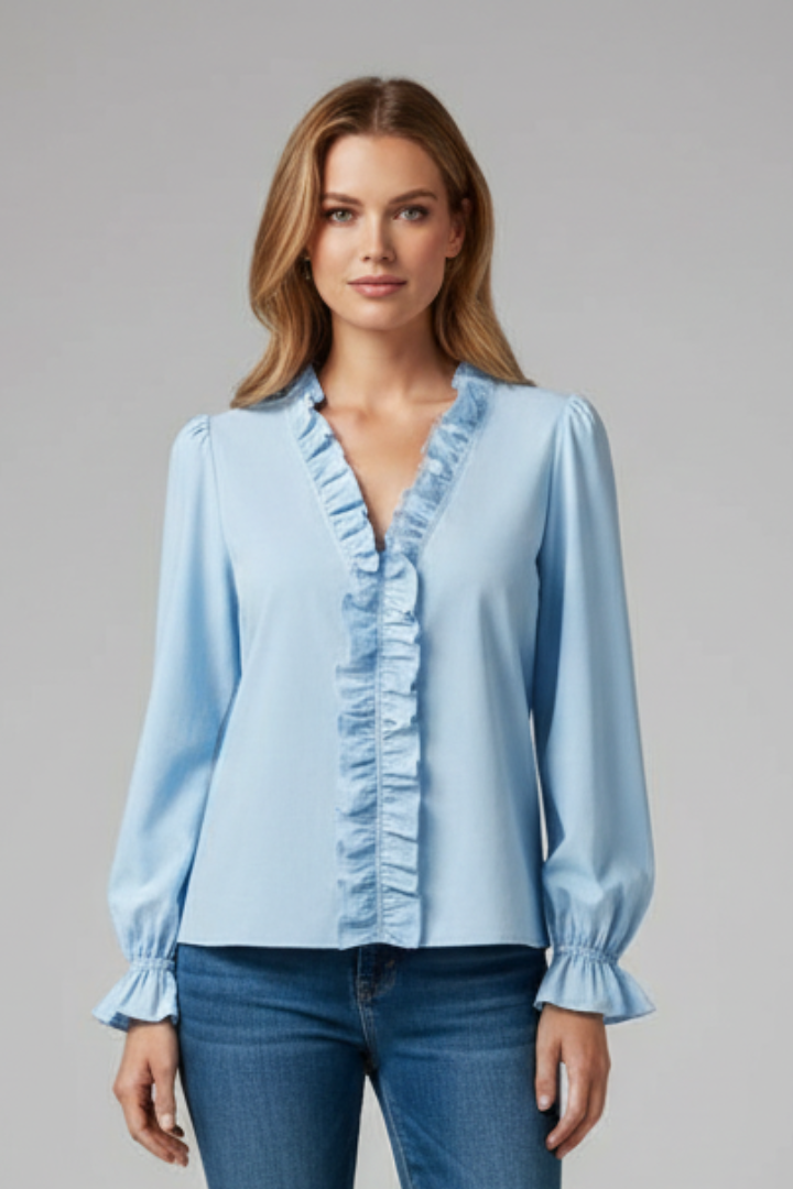 Women’s Blouse with V-Neckline and Front Ruffle Detail | Elara