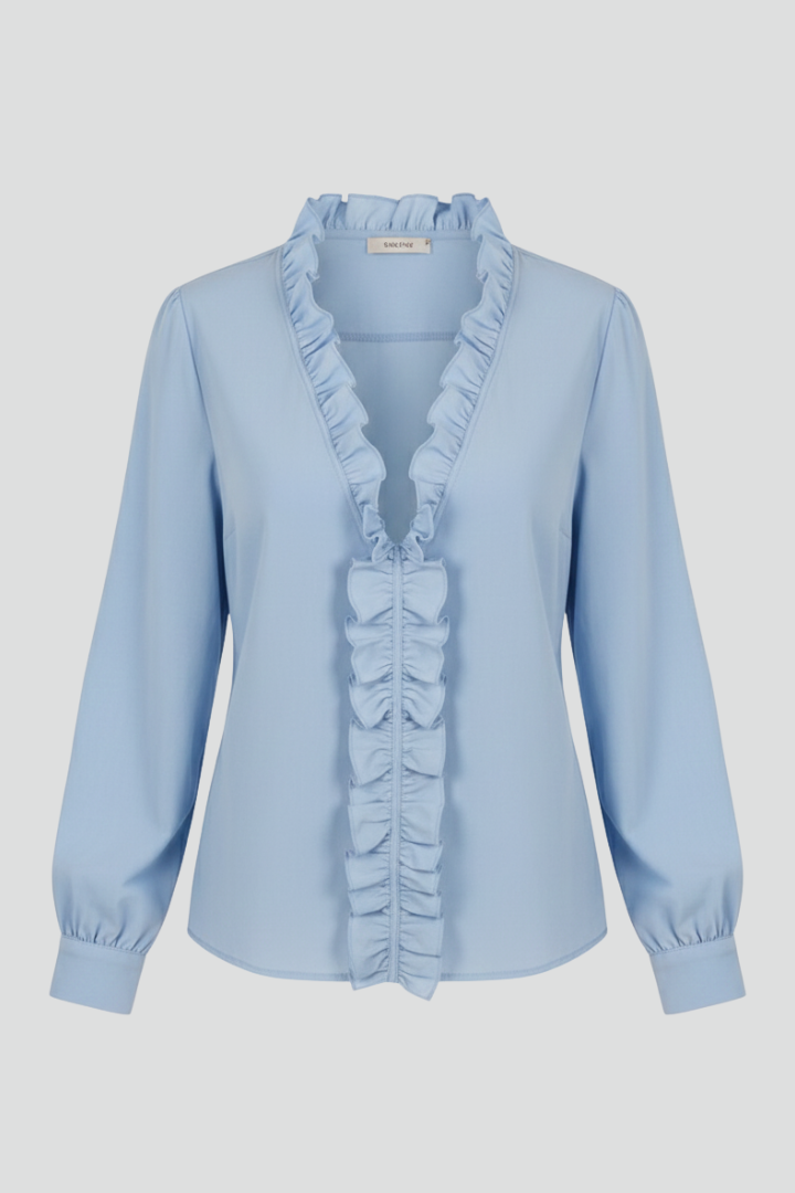 Women’s blouse featuring a V-neckline with vertical ruffle detail and long sleeves with gathered cuffs, suitable for office and everyday wear.