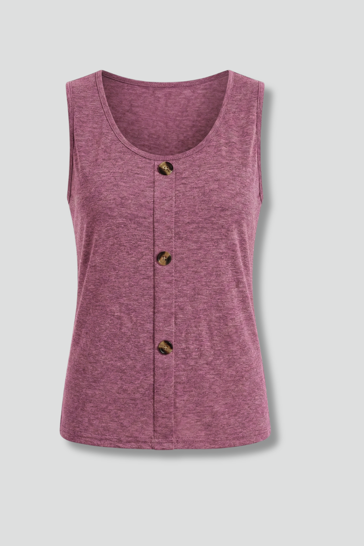 Women’s sleeveless top with V-neckline, decorative front buttons, and wide straps, suitable for casual wear and office outfits.