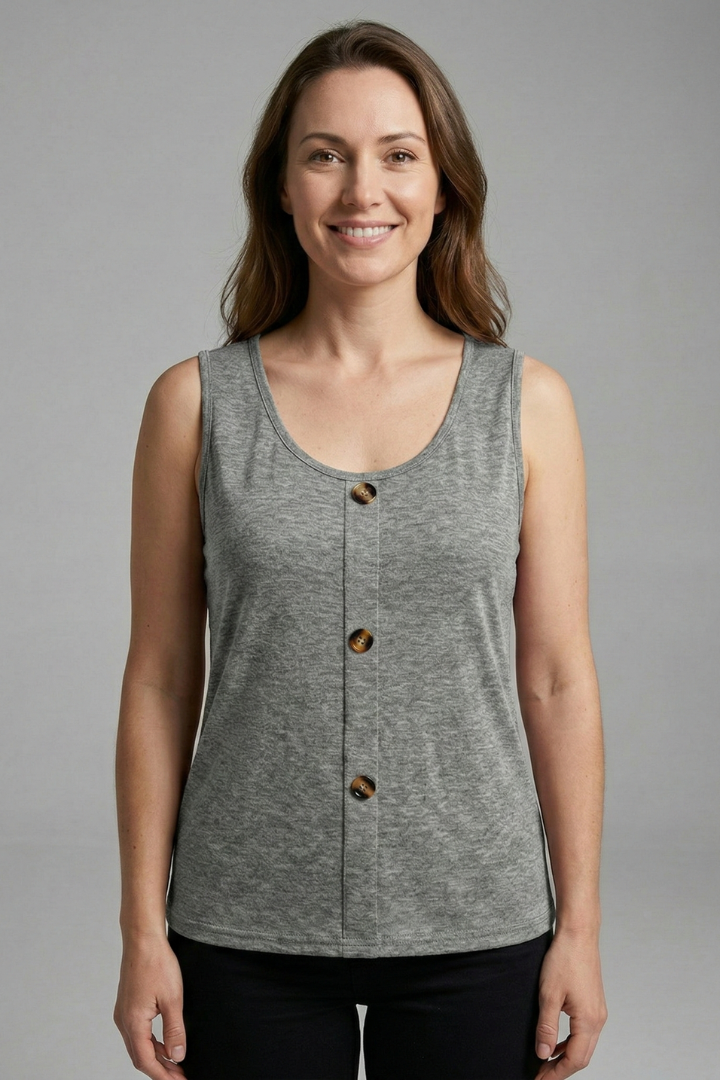 Women’s sleeveless top with V-neckline, decorative front buttons, and wide straps, suitable for casual wear and office outfits.