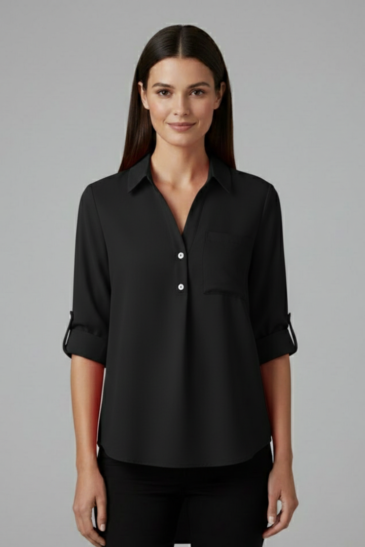 Women’s button-up blouse with collared neckline, long sleeves, and chest pocket, suitable for office wear and everyday styling.