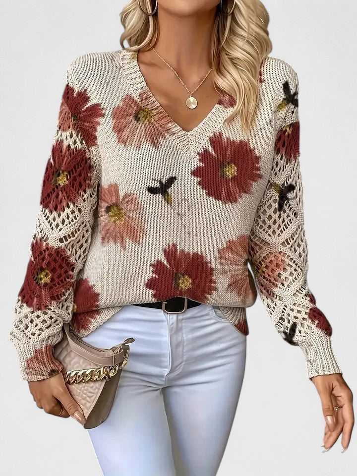 Women’s cardigan with a floral pattern, V-neckline, and open-weave sleeves, ideal for casual outings, office wear, and layered styling.