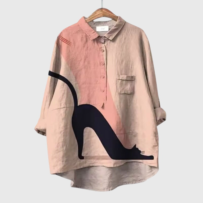Women’s cat print blouse with a relaxed fit and playful design, perfect for casual wear, daily outfits, and comfortable styling.