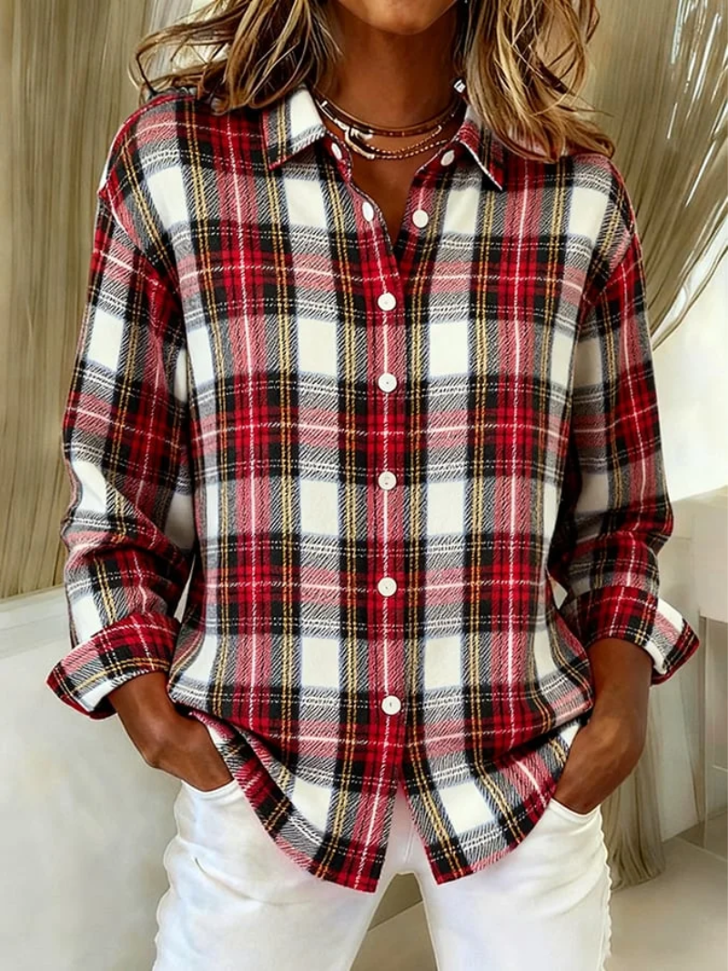 Women’s check blouse with button-front closure, collared neckline, and red check pattern, suitable for everyday wear and casual styling.