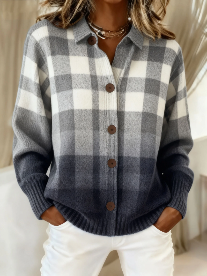 Women’s check blouse with button-front closure, collared neckline, and gray check pattern in light gray, medium gray, and anthracite, suitable for everyday styling.