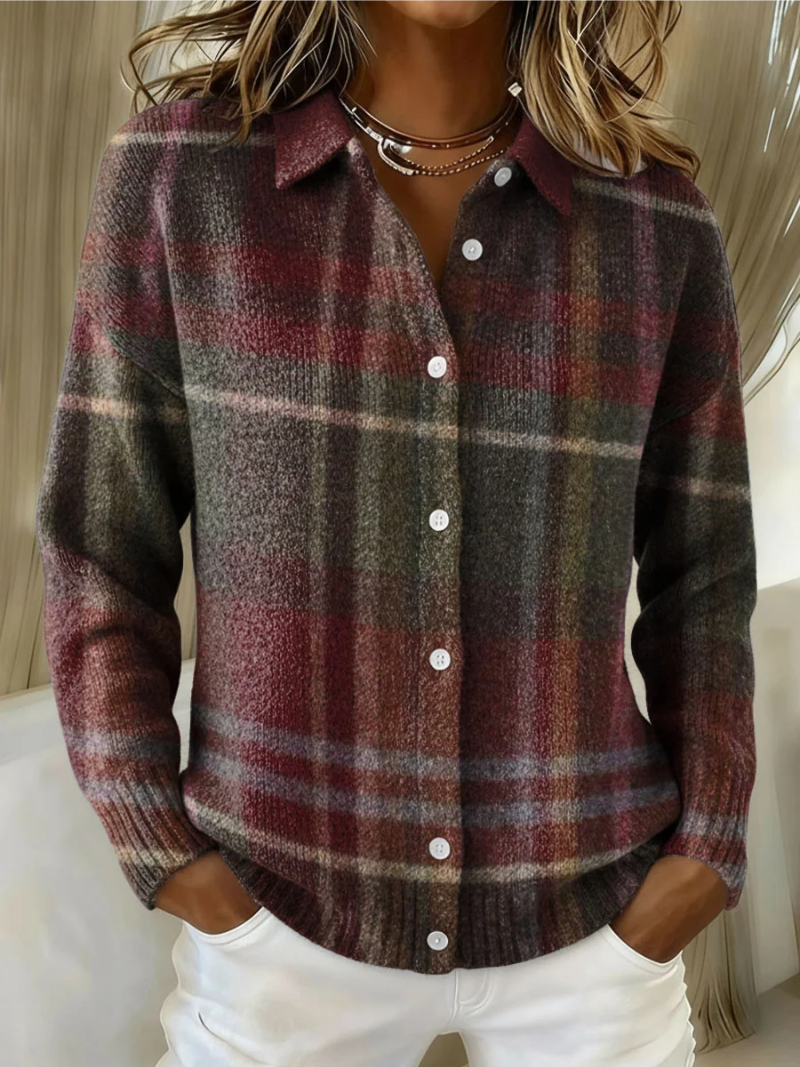 Women’s check blouse with button-front closure, collared neckline, and warm-toned check pattern, suitable for casual outings and everyday styling.