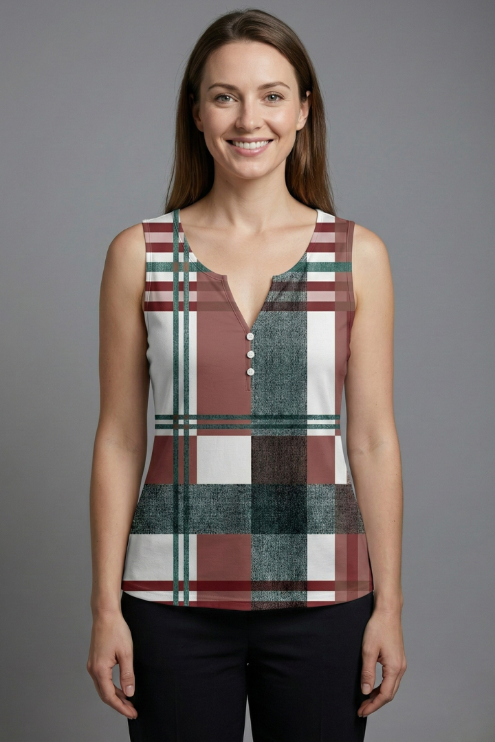 Women’s sleeveless top with V-neckline, decorative buttons, and check pattern, suitable for casual wear and office outfits.