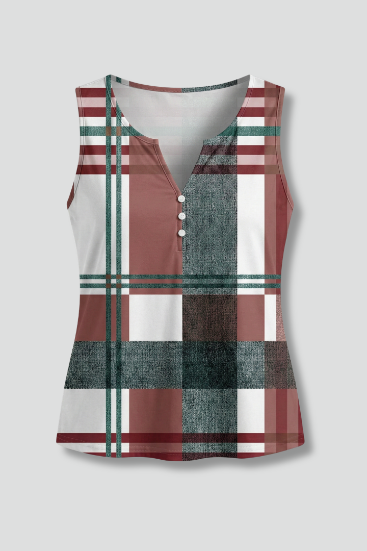 Women’s sleeveless top with V-neckline, decorative buttons, and check pattern, suitable for casual wear and office outfits.