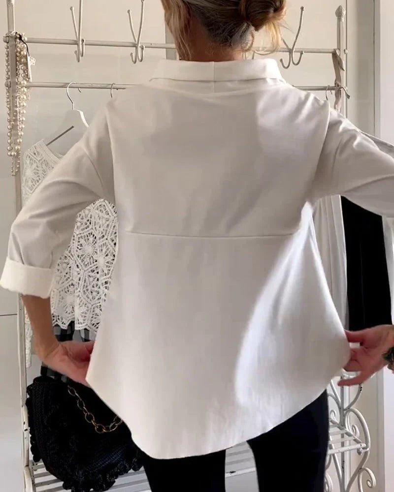 Women’s top with cowl neck, 3/4 sleeves, and relaxed fit, suitable for office outfits, casual evenings, and everyday styling.