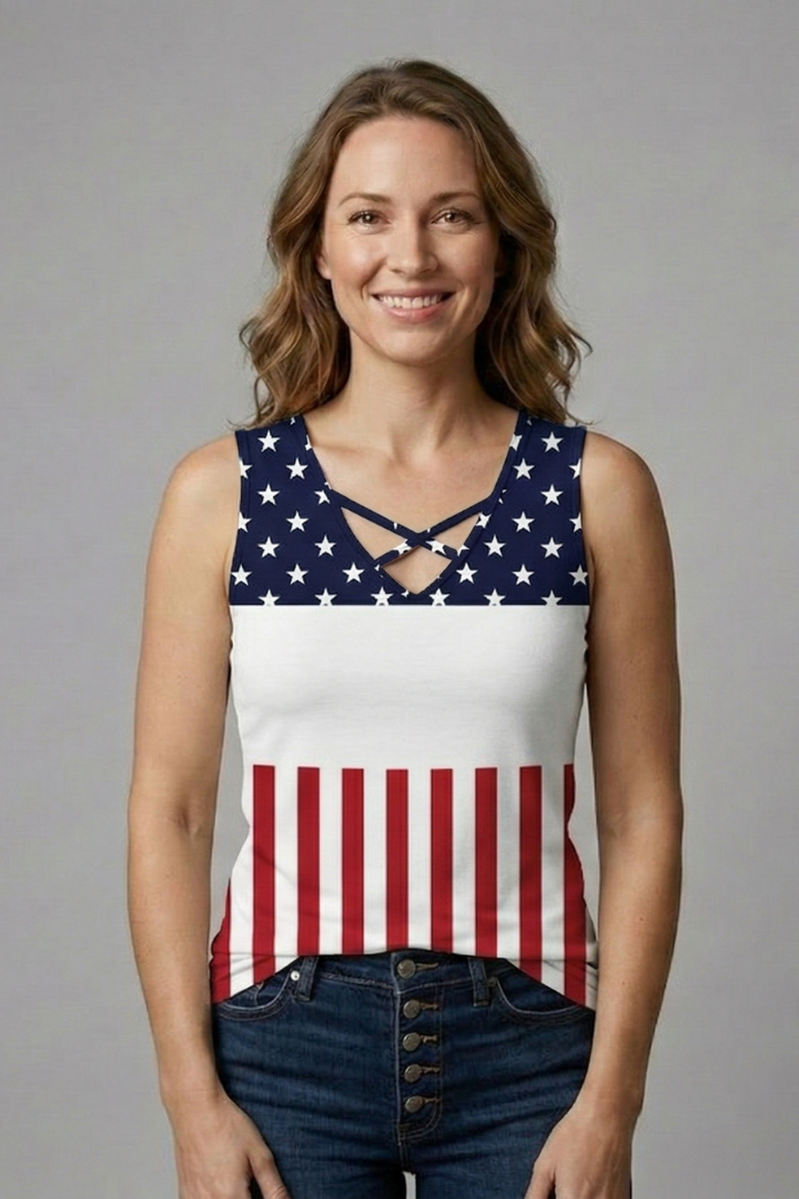 Women’s sleeveless top with criss-cross v-neckline and printed panel, suitable for casual wear and summer outfits