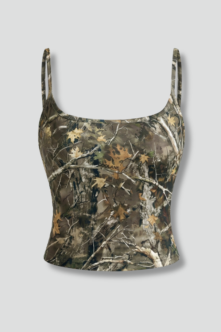 Women’s sleeveless crop top with square neckline, narrow straps, and camouflage print, ideal for casual wear and summer outfits.