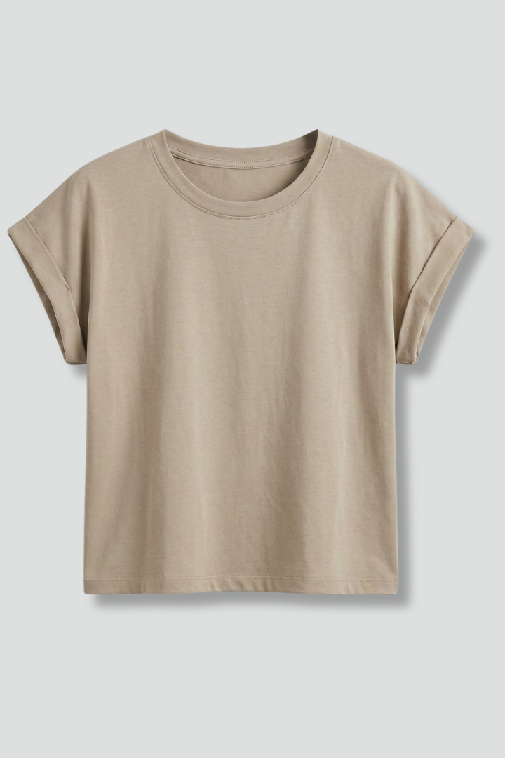Women’s crop top with cap sleeves and round neckline, ideal for casual summer outfits and everyday fashion styling.
