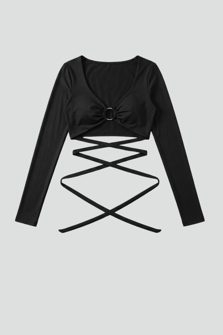 Women’s crop top with deep v-neckline, front ring detail, and wrap straps, ideal for party outfits and casual evening styling.
