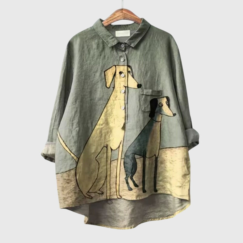 Women’s dog print blouse with a relaxed fit and playful design, suitable for casual outfits, everyday wear, and weekend styling.