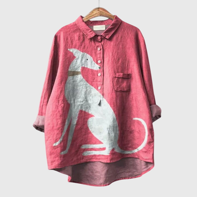 Women’s dog print blouse with a relaxed fit and playful design, suitable for casual outfits, everyday wear, and weekend styling.