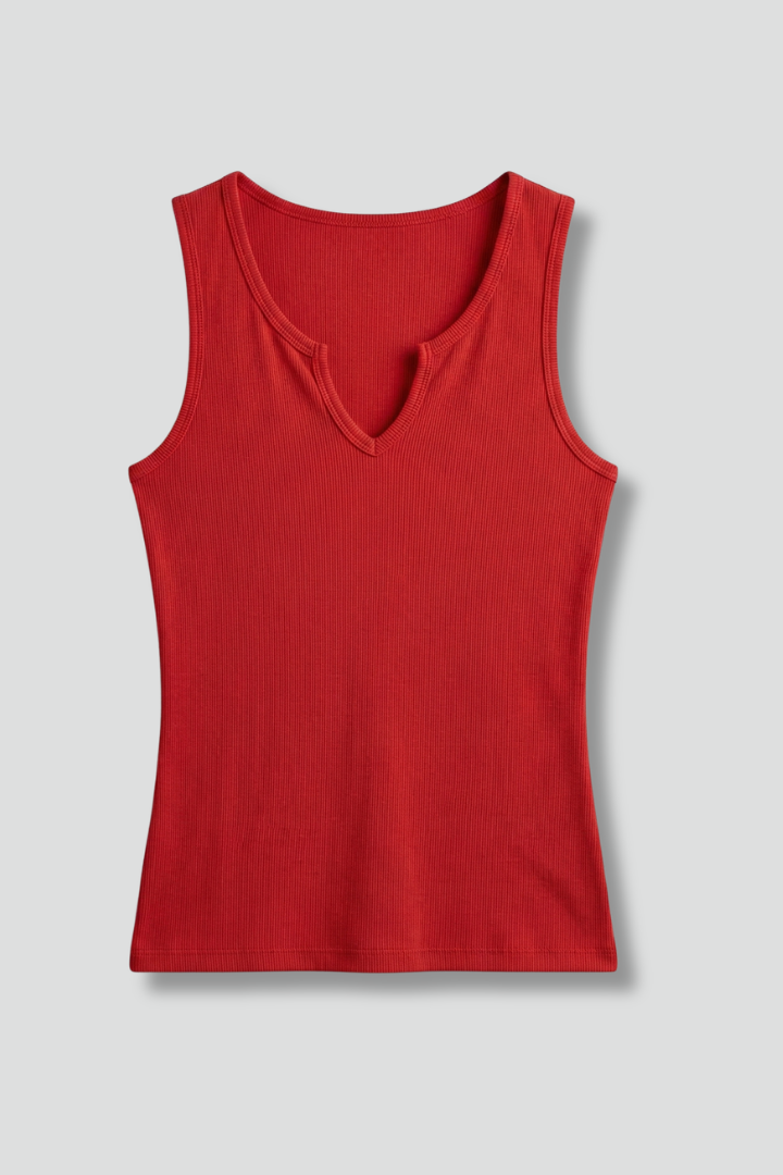 Women’s sleeveless fitted tank top with V-neckline and wide straps, suitable for layering and casual everyday outfits.
