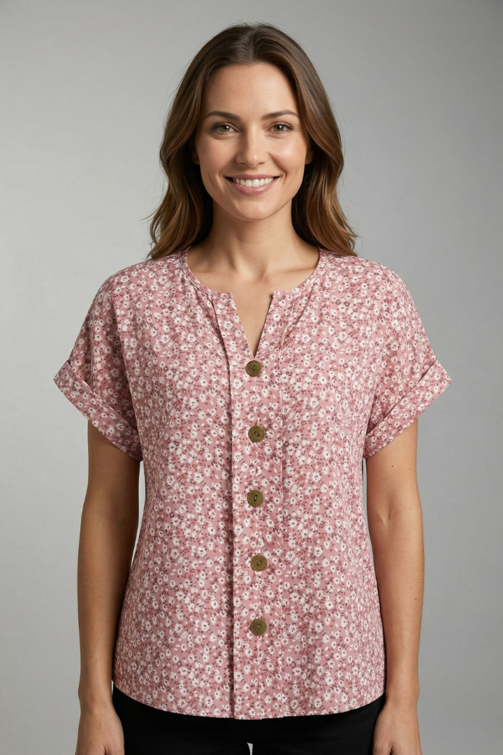 Women’s floral blouse with round neckline, button front, and short sleeves, ideal for casual outfits and everyday fashion styling.