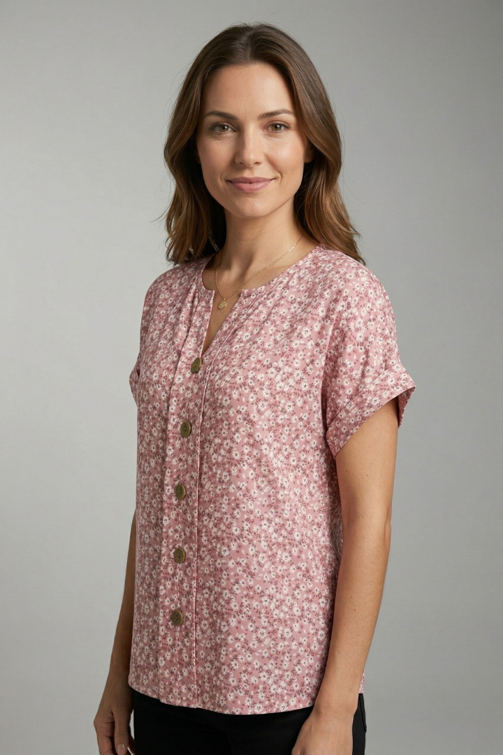 Women’s floral blouse with round neckline, button front, and short sleeves, ideal for casual outfits and everyday fashion styling.