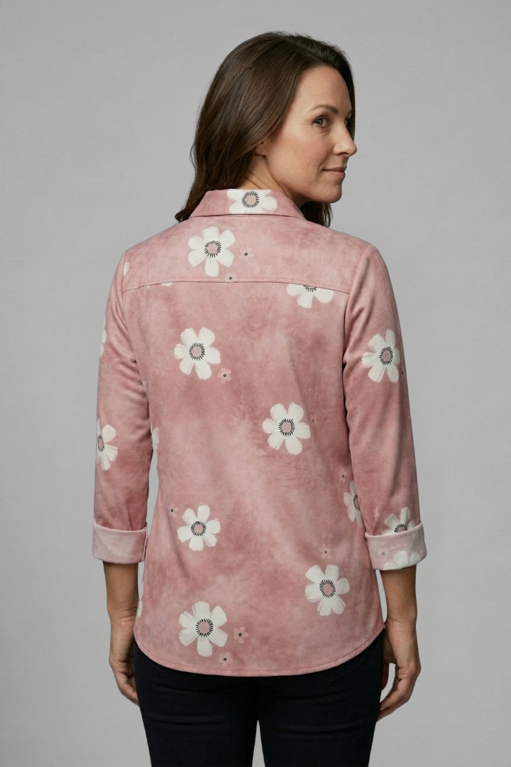Women’s floral blouse with collar neckline, button front, and roll-up sleeves, ideal for office outfits and casual everyday styling.