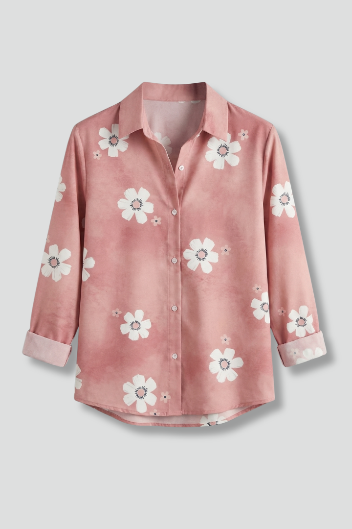 Women’s floral blouse with collar neckline, button front, and roll-up sleeves, ideal for office outfits and casual everyday styling.