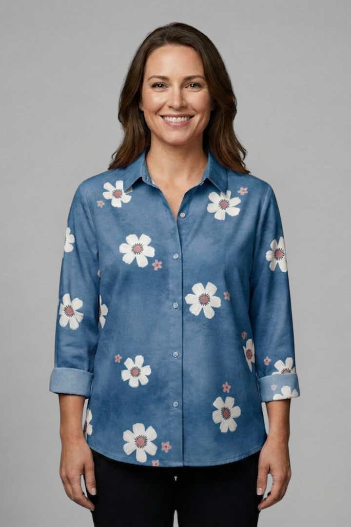 Women’s floral blouse with collar neckline, button front, and roll-up sleeves, ideal for office outfits and casual everyday styling.