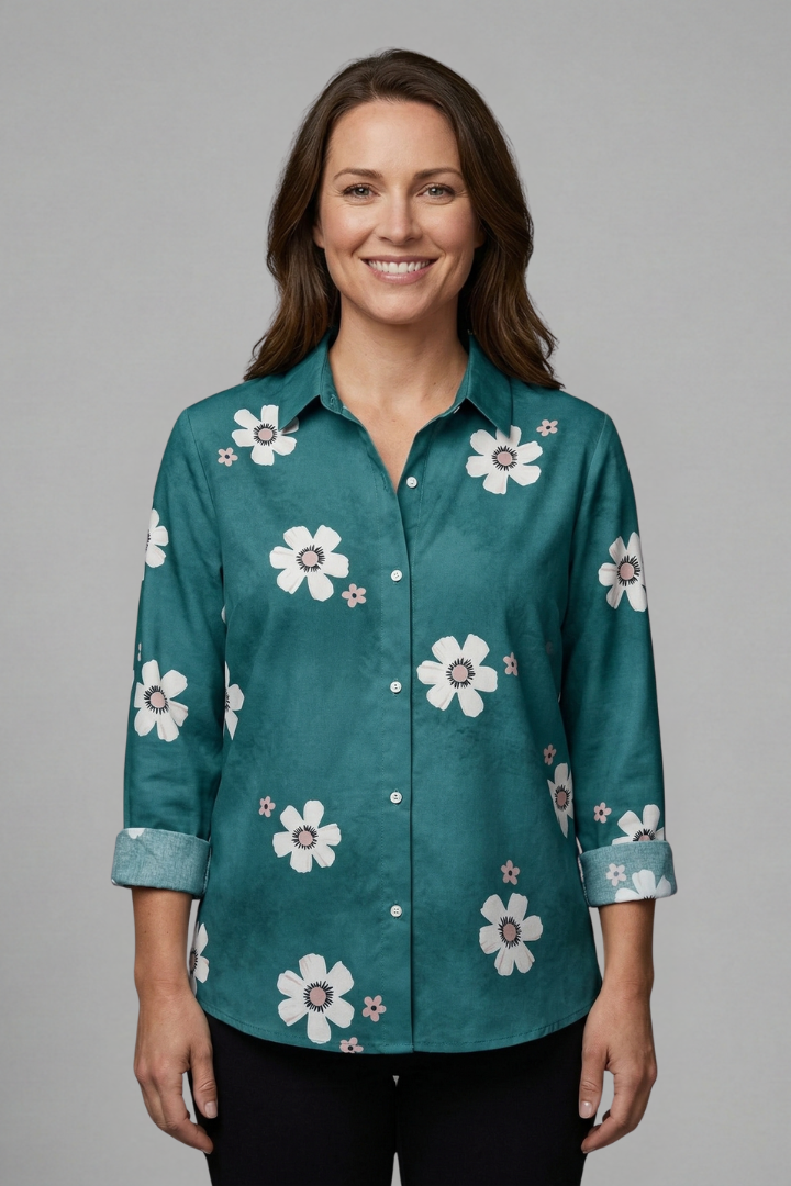 Women’s floral blouse with collar neckline, button front, and roll-up sleeves, ideal for office outfits and casual everyday styling.