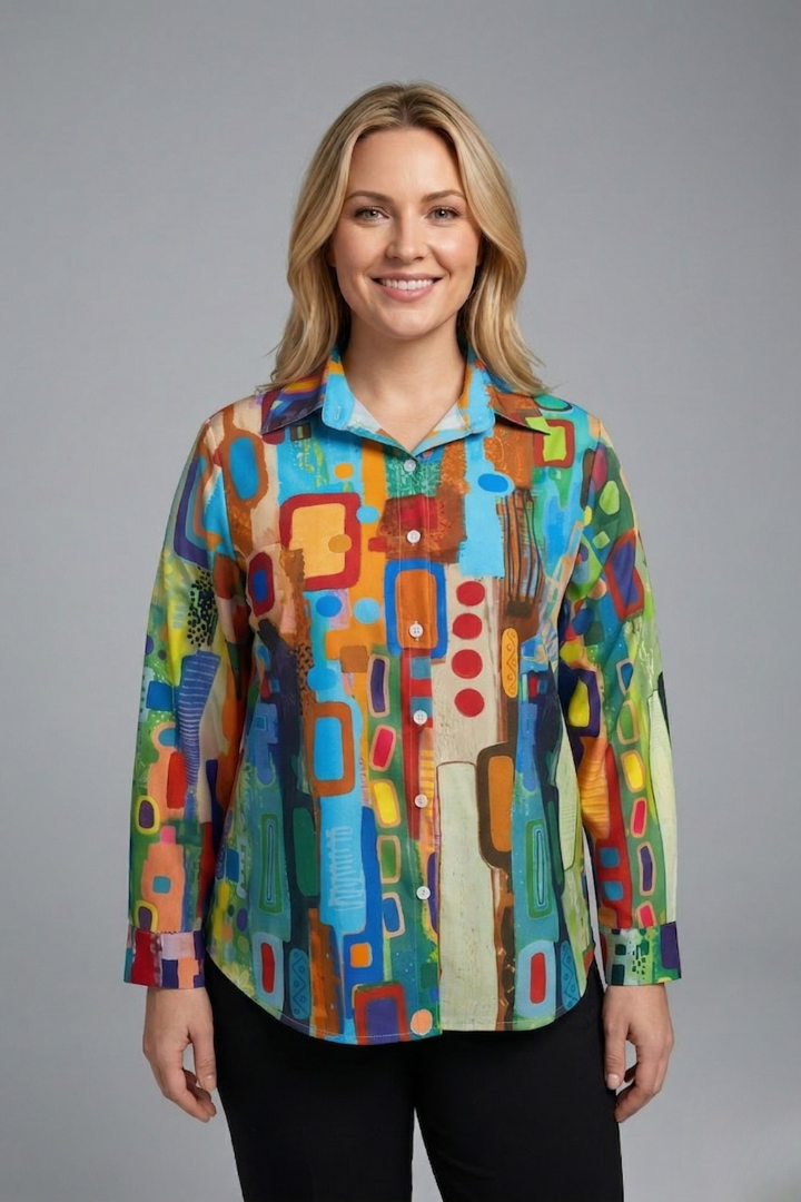 Women’s geometric print blouse with button-front closure, long sleeves, and collar neckline for office and casual everyday outfits.