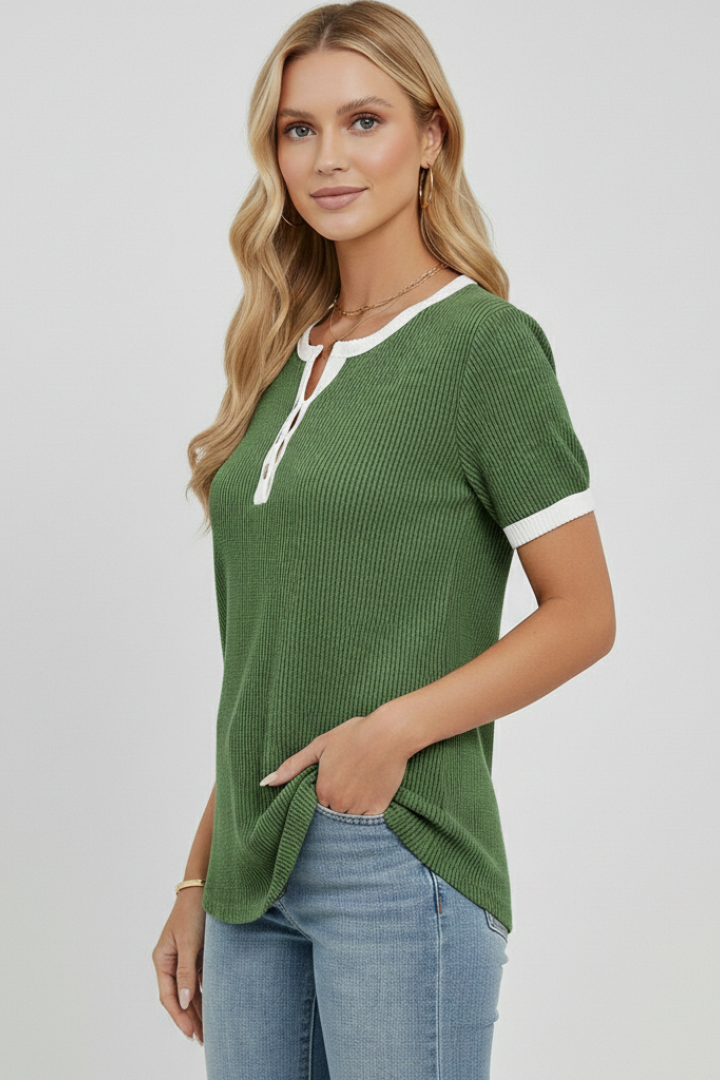 Women’s henley T-shirt with V-neckline, button placket, and ribbed texture, designed for everyday wear and casual outfits.