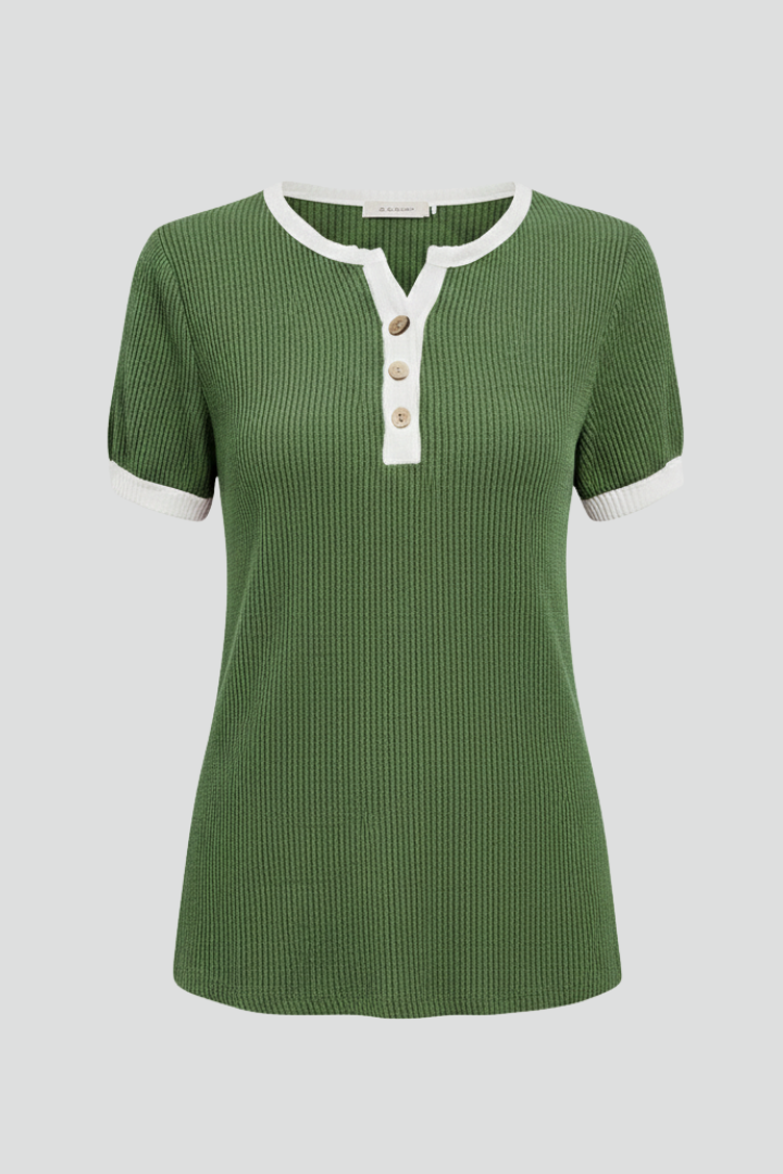 Women’s henley T-shirt with V-neckline, button placket, and ribbed texture, designed for everyday wear and casual outfits.