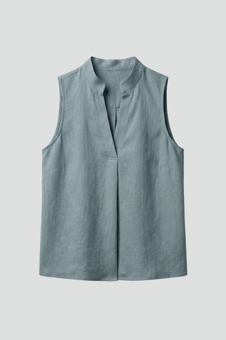 Women’s sleeveless blouse with high neckline, button placket, and structured shoulders, suitable for office wear and casual outfits.