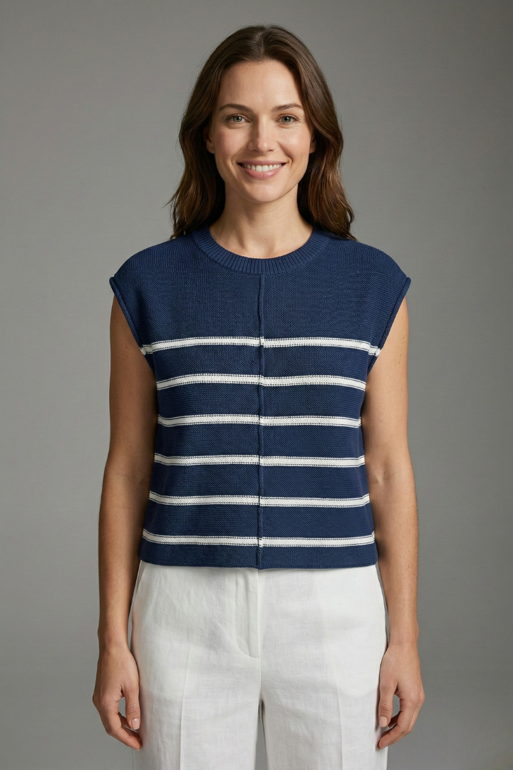 Women’s sleeveless knit top with round neckline and horizontal stripes, designed for casual wear and summer outfits