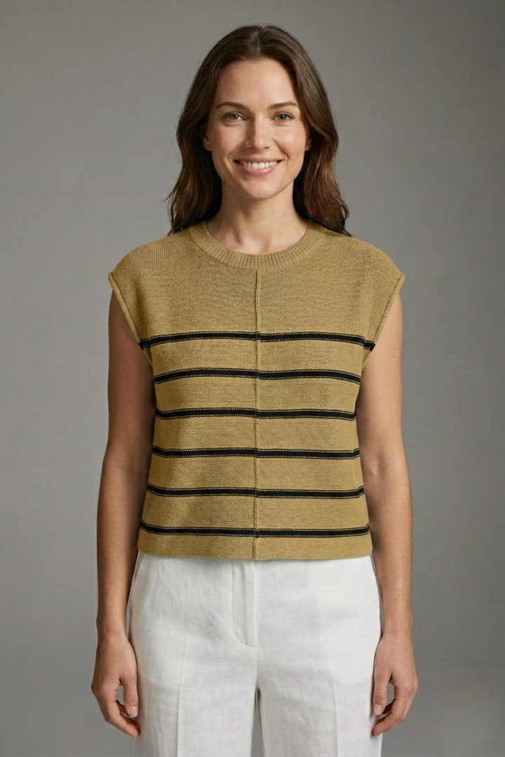 Women’s sleeveless knit top with round neckline and horizontal stripes, designed for casual wear and summer outfits